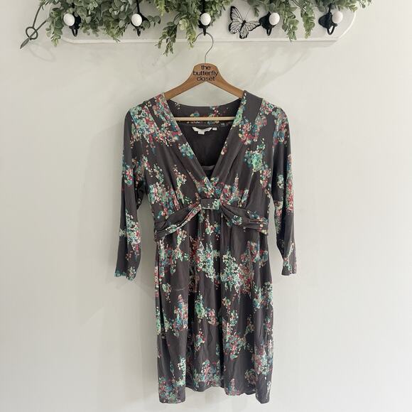 Boden Jersey V Neck Dress in Cocoa with Bright Floral Design US 10R 65038 - Picture 1 of 4